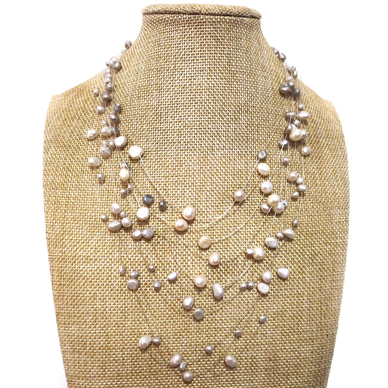 18-24 inches Multi-Layer 4-8mm White&Gray Nugget Pearl Necklace
