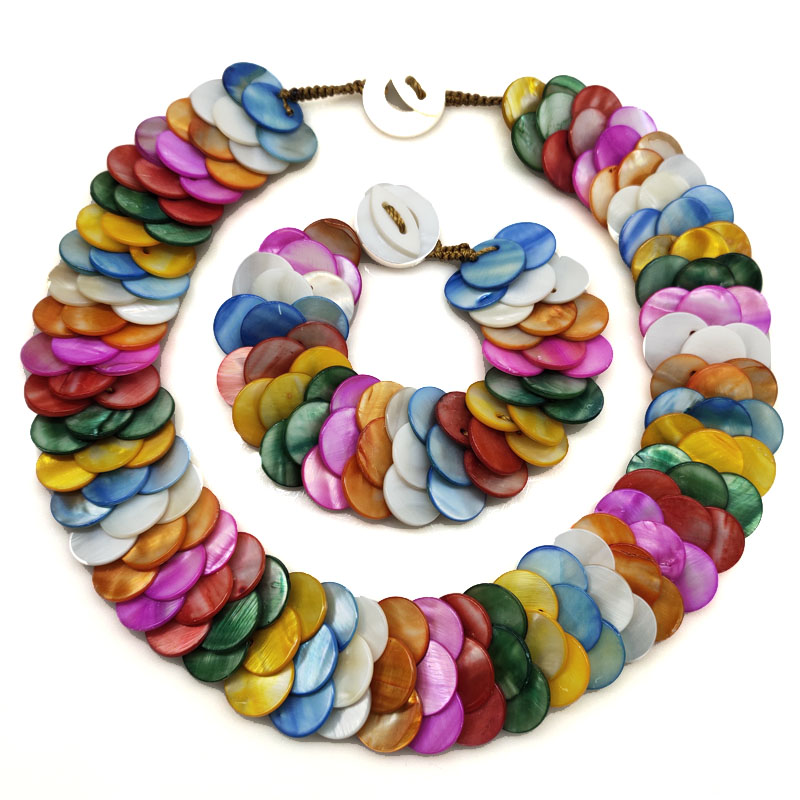 18 inches 15mm Multicolor Disc Fish Scale Style Shell Necklace Set