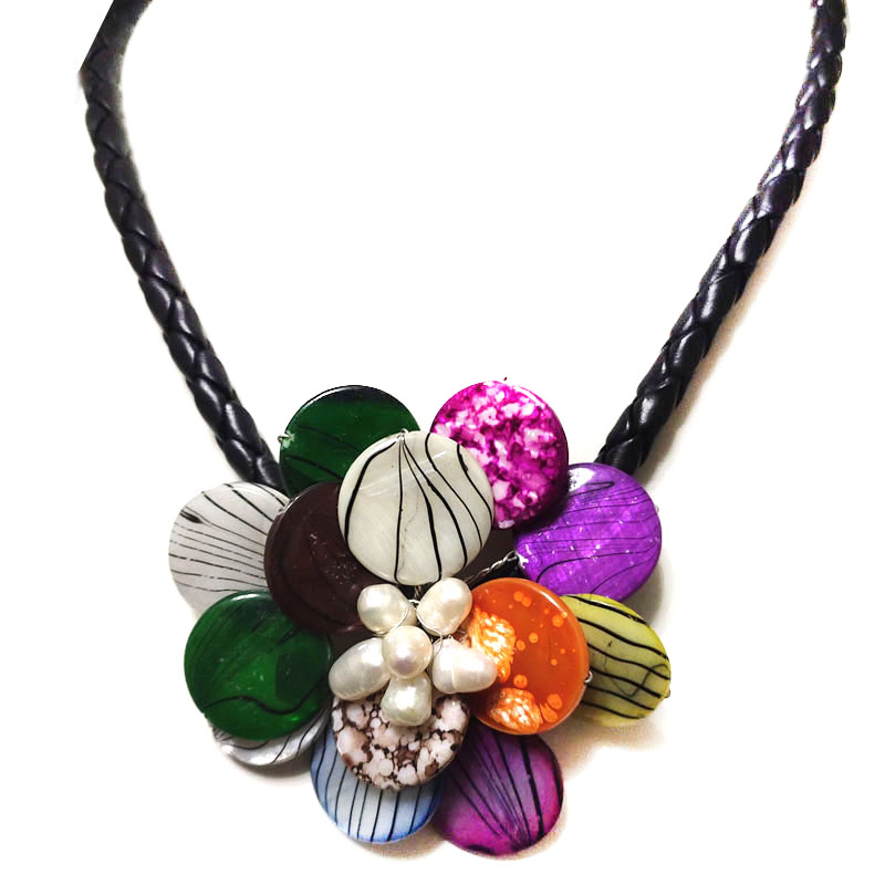 18 inches Natural Leather One Multicolor Shell Flower Necklace