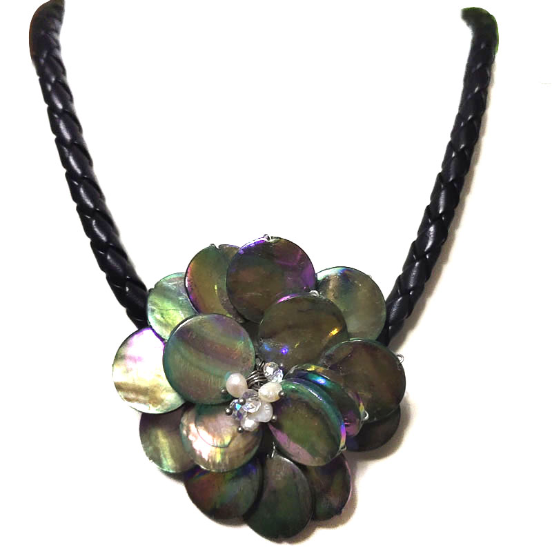 18 inches Natural Leather One Dark Green Shell Flower Necklace