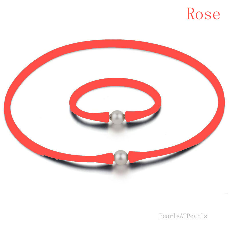 11-12mm Natural Round Pearl Rose Rubber Silicone Necklace Set