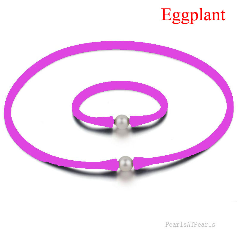 11-12mm Natural Pearl Eggplant Rubber Silicone Necklace Set