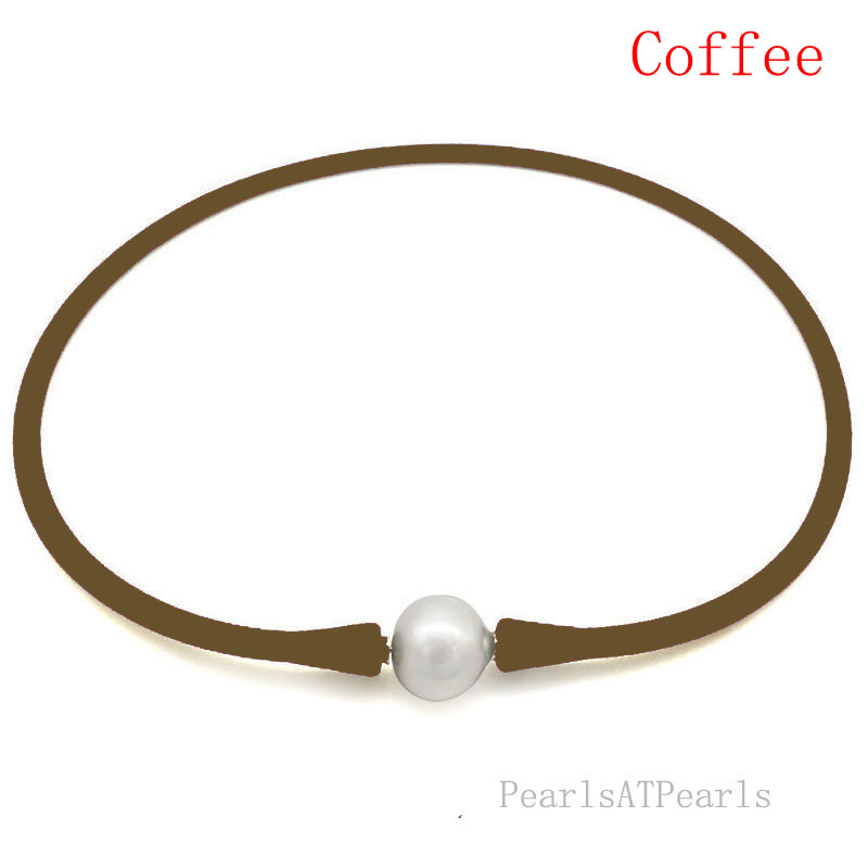 Wholesale 11-12mm Round Pearl Coffee Rubber Silicone Necklace
