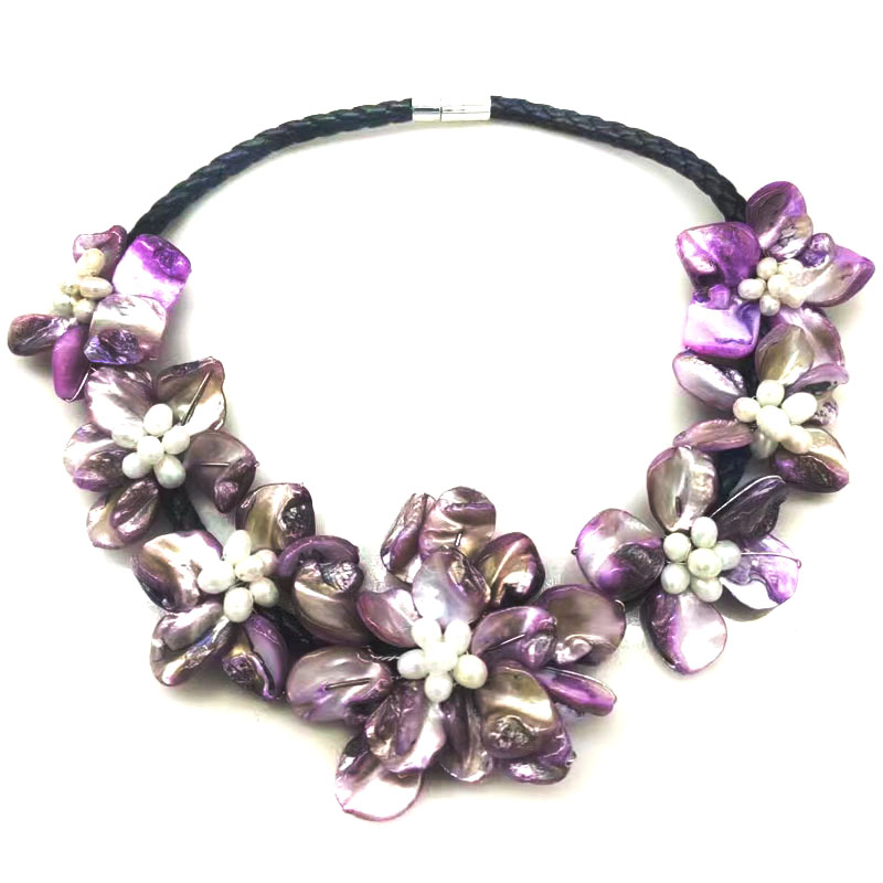18 inches Natural Leather Seven Lilac Shell Flower Necklace