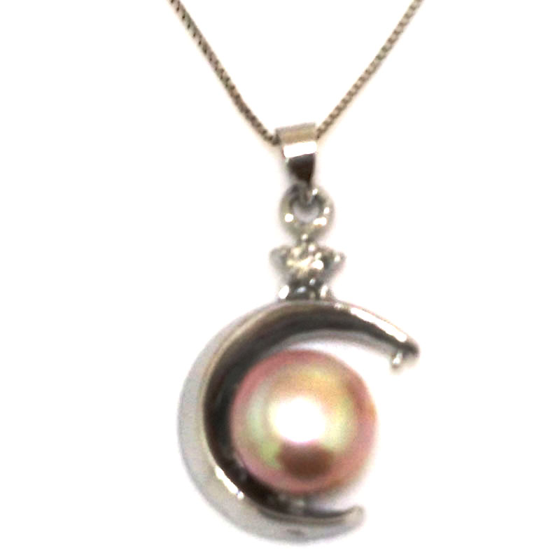 10-11mm Lavender Button Pearl Moon Style 925 Silver Pendant Necklace
