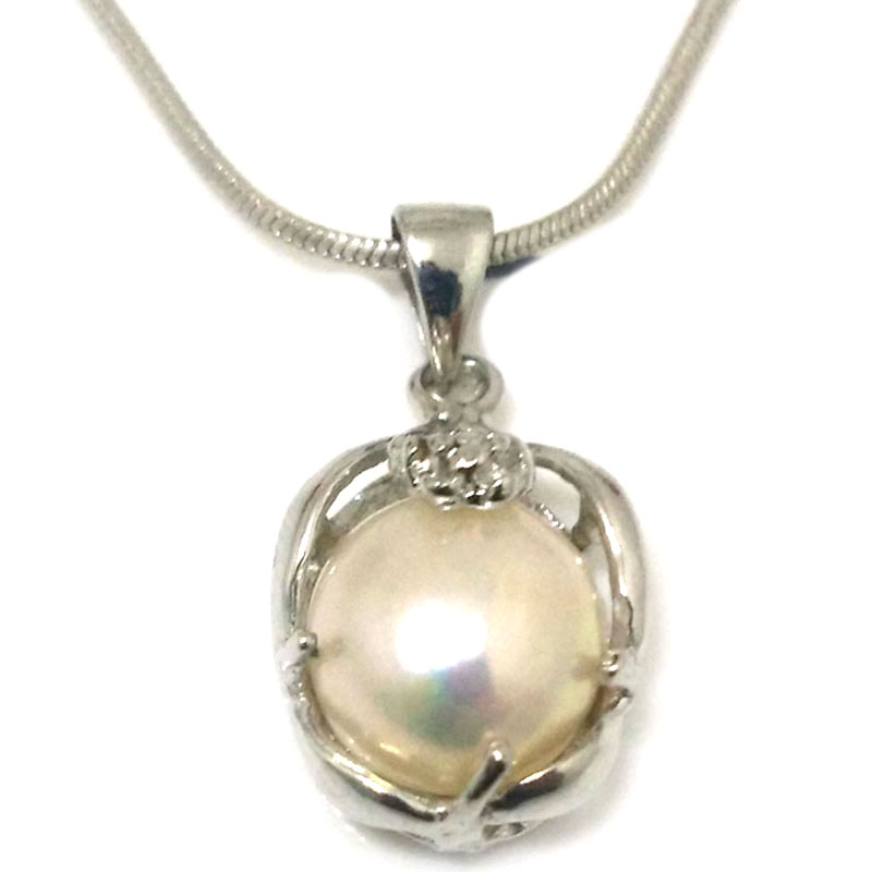14-15mm Natural White Baroque Pearl 925 Silver Pendent Necklace
