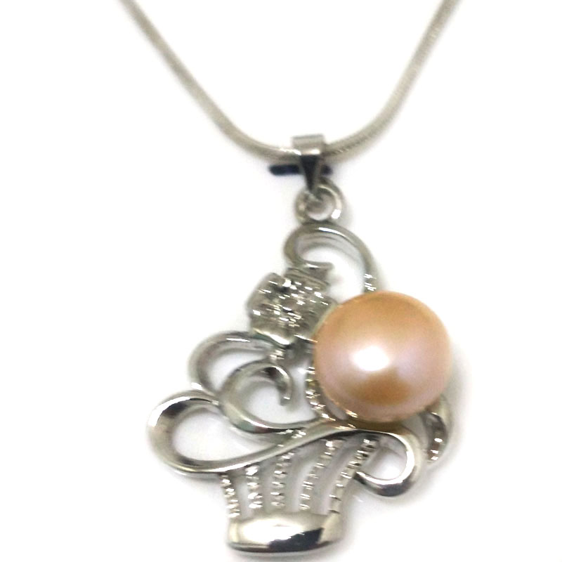 Basket Style 11-12mm Natural Pink Button Pearl 925 Silver Pendent Necklace