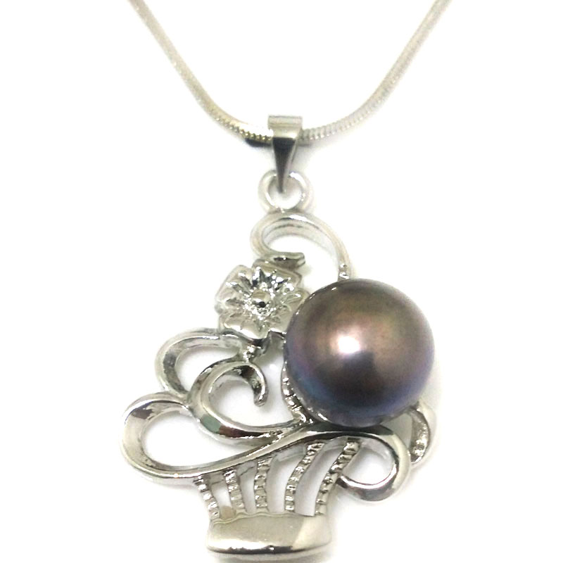 Basket Style 11-12mm Black Natural Button Pearl 925 Silver Pendent Necklace