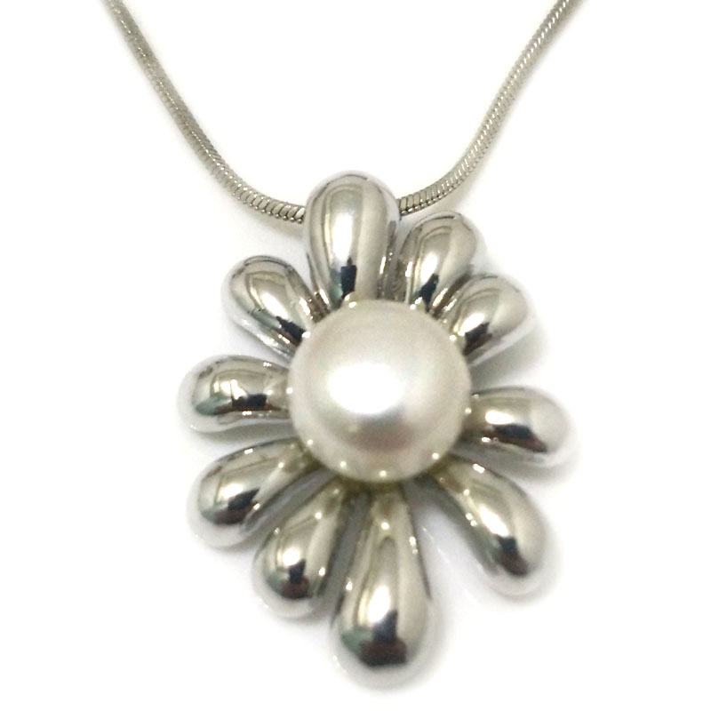 20x30mm Leaf Style 11-12mm White Button Pearl 925 Silver Pendent Necklace