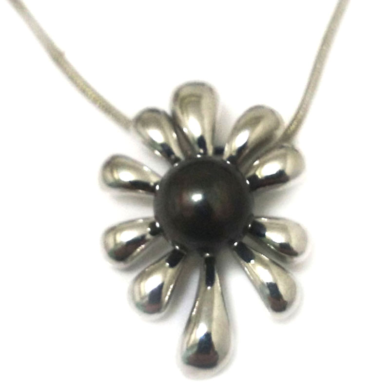 20x30mm Leaf Style 11-12mm Black Natural Button Pearl 925 Silver Pendent Necklace