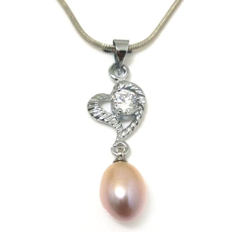 Zirconia Heart 8-9mm Lavender Raindrop Pearl 925 Silver Pendent Necklace