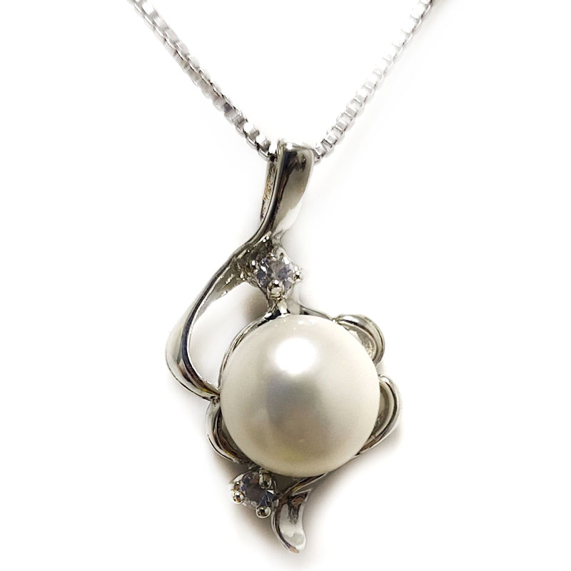 Double Zirconia Heart Style 10-11mm White Button Pearl 925 Silver Pendent Necklace