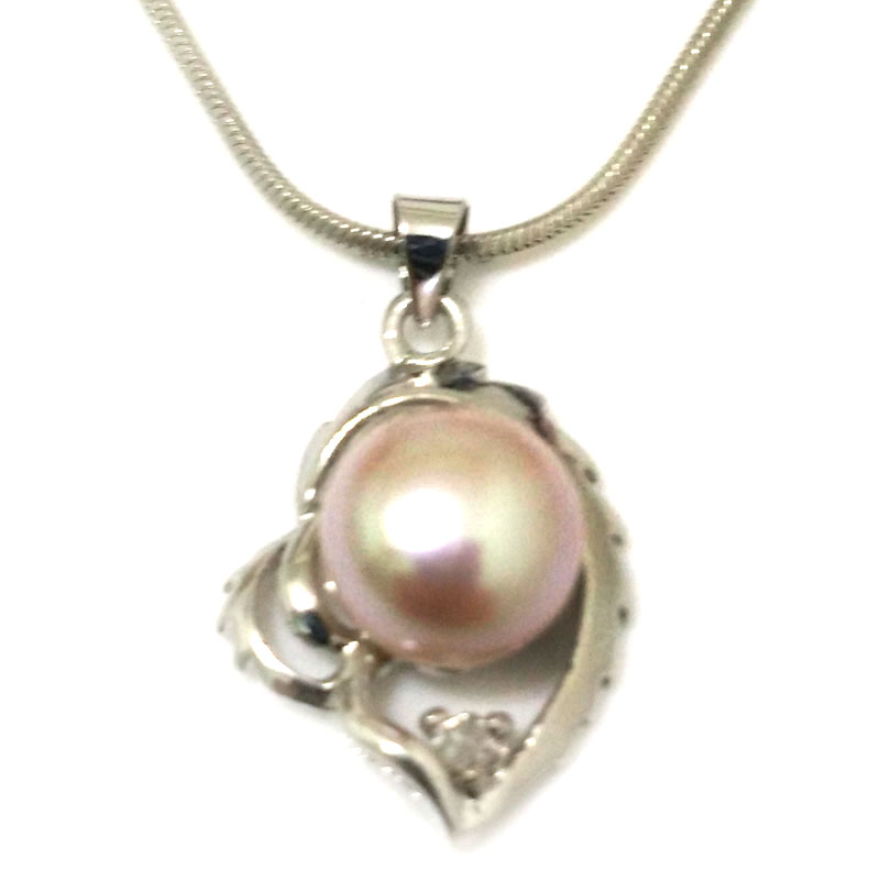 Single Zirconia Heart 10-11mm Pink Button Pearl 925 Silver Pendent Necklace