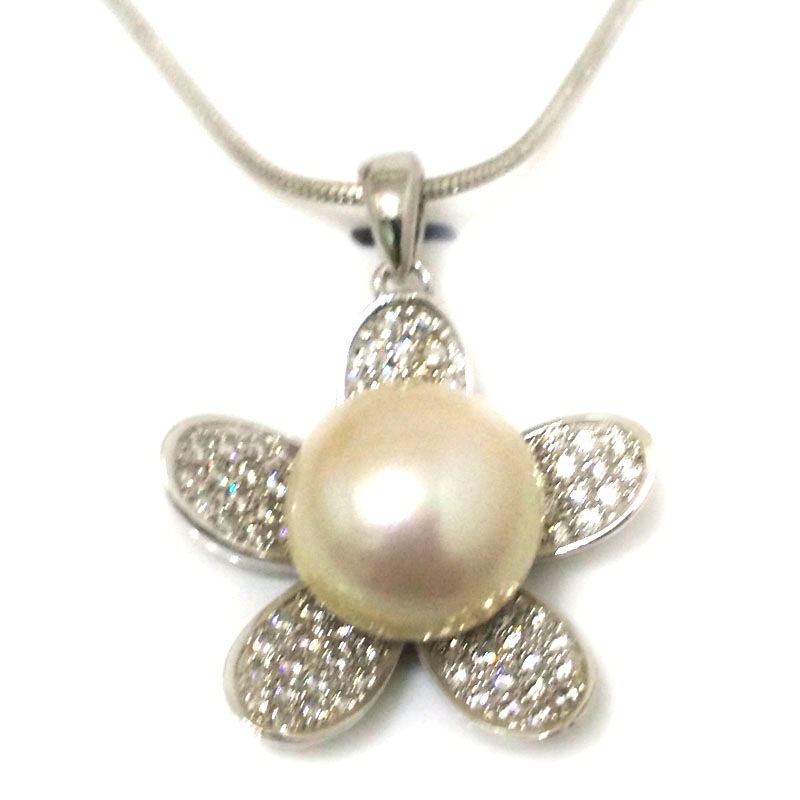 Multiple Shiny Zirconia Flower 12-13mm White Button Pearl Pendent Necklace