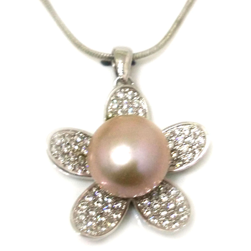 Multiple Shiny Zirconia Flower 12-13mm Lavender Button Pearl Pendent Necklace