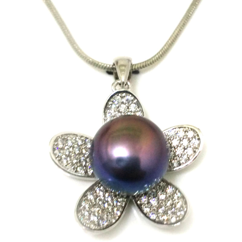 Multiple Shiny Zirconia Flower 12-13mm Black Button Pearl Pendent Necklace