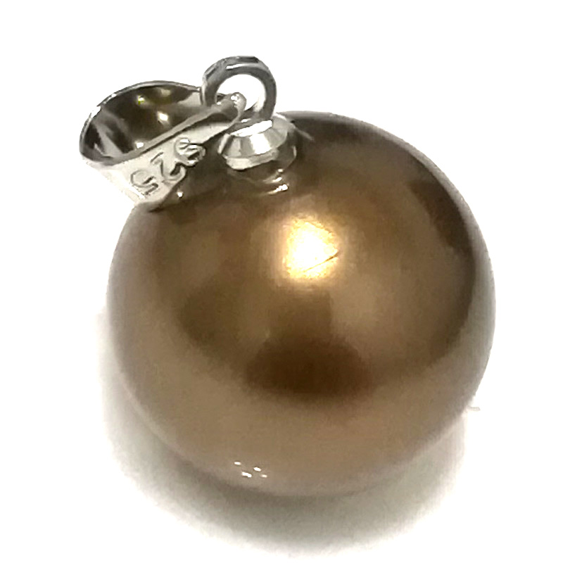 Wholesale 14-15mm Shiny Chocolate Round Shell Pearl 925 Silver Pendent