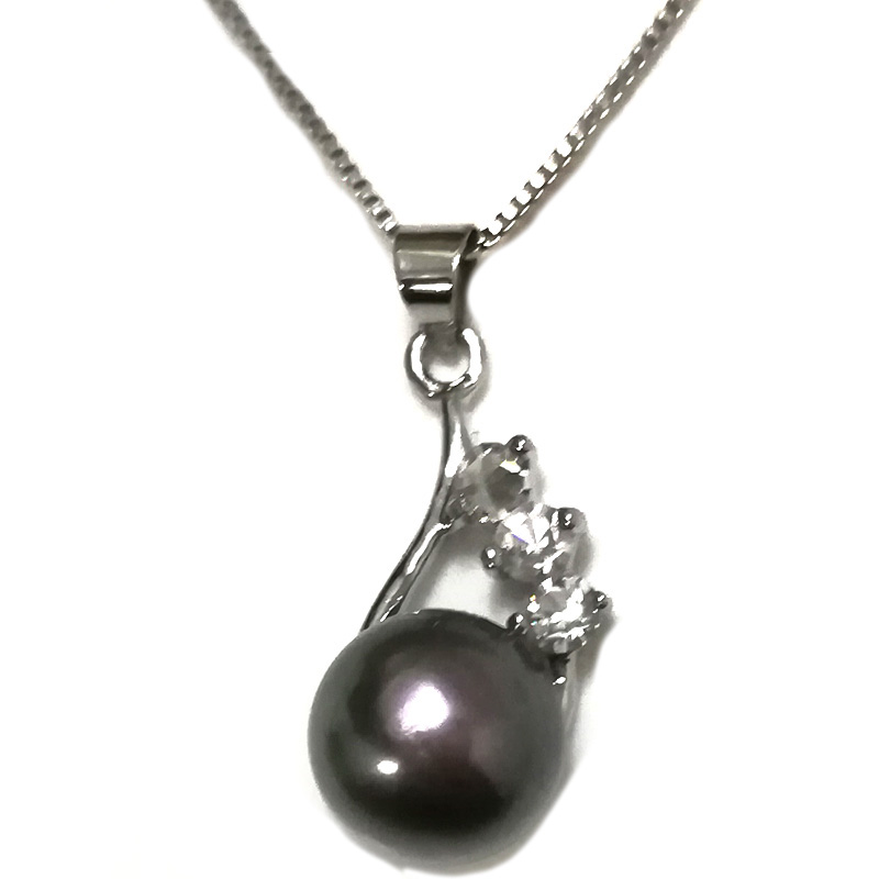 10*22mm 10-11mm AAA Black Button Pearl 925 Silver Pendent Necklace