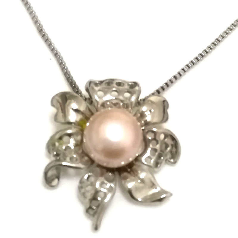 30*25mm 11-12mm AAA Pink Button Pearl Flower 925 Silver Pendent Necklace