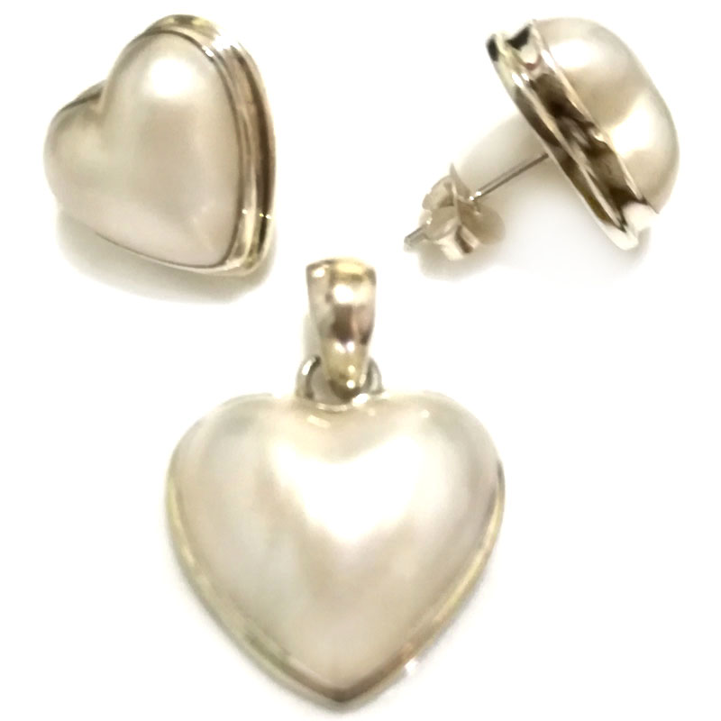 16-20mm AAA Natural Heart Shaped White Mabe Pearl 925 Silver Jewelry Set