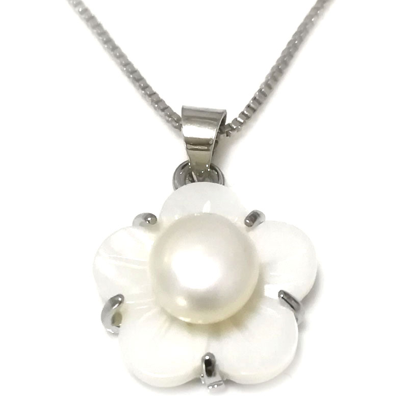 15mm 7-8mm White Button Pearl Shell Flower 925 Silver Pendent Necklace