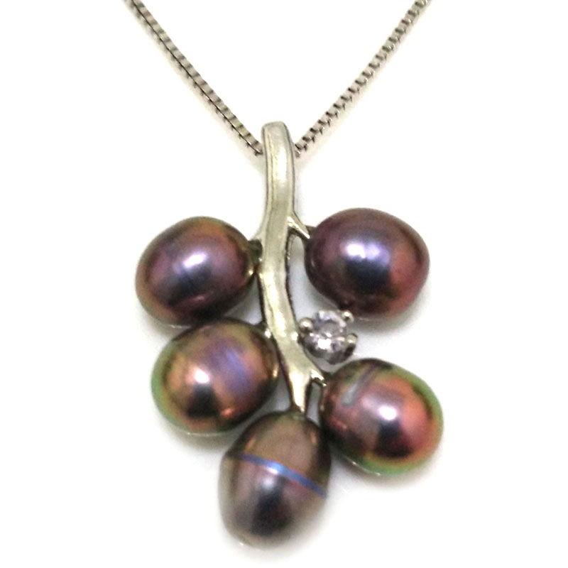 Grape Style 6-7mm Black Natural Rice Pearl 925 Silver Pendant Necklace