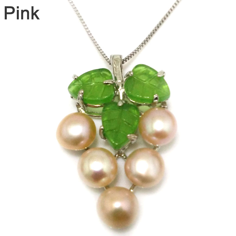 Grape Style 7-8mm Pink Button Pearl&Jade Leaf 925 Silver Pendant Necklace