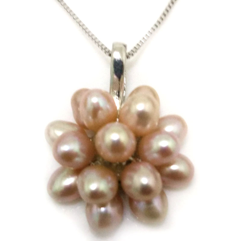 20mm Natural Pink Rice Pearl 925 Silver Cluster Pendant Necklace