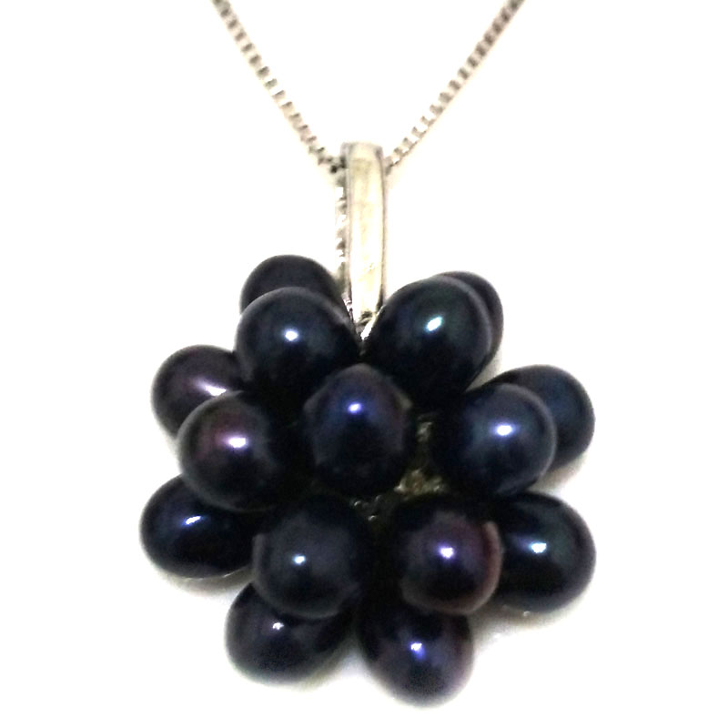 20mm Black Natural Rice Pearl 925 Silver Cluster Pendant Necklace