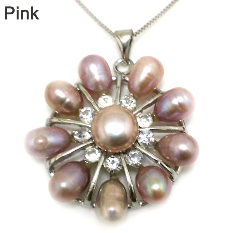 Flower Style 6-7mm Lavender Rice Pearl 925 Silver Pendent Necklace
