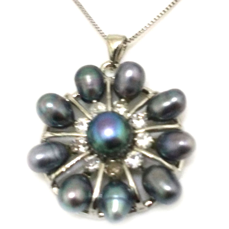 Flower Style 6-7mm Black Rice Pearl 925 Silver Pendent Necklace