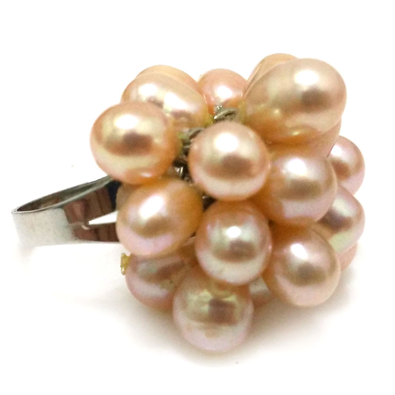8# 6-7mm AAA Natural Pink Rice Pearl Women Cluster Ring