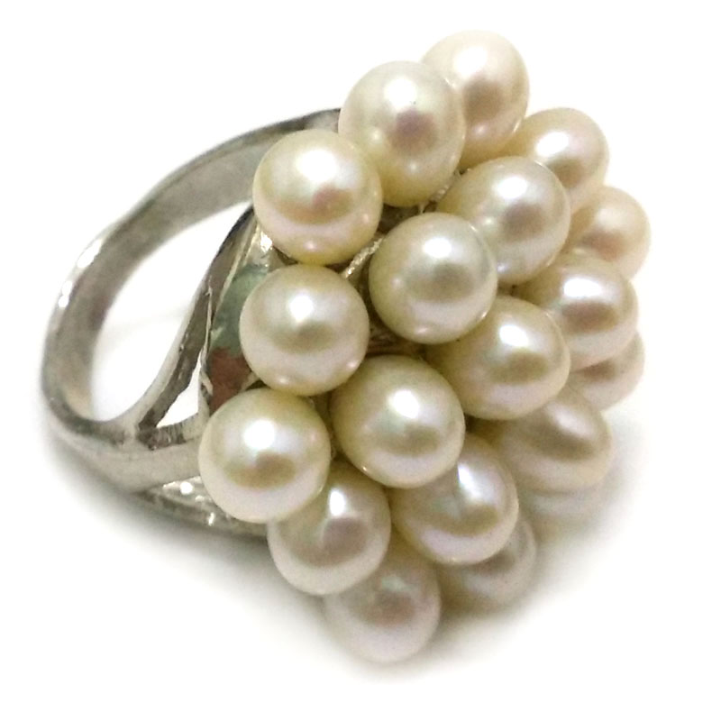 8# 6-7mm AAA Natural White Rice Pearl Women Cluster Ring