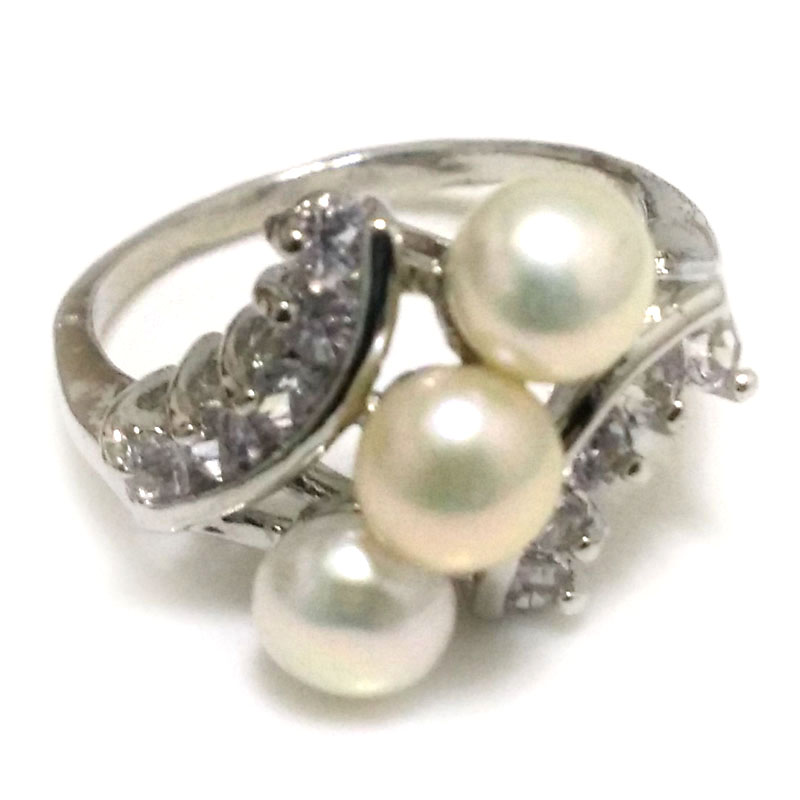 7# 6-7mm Natural White Button Pearl Women Ring with Zirconia