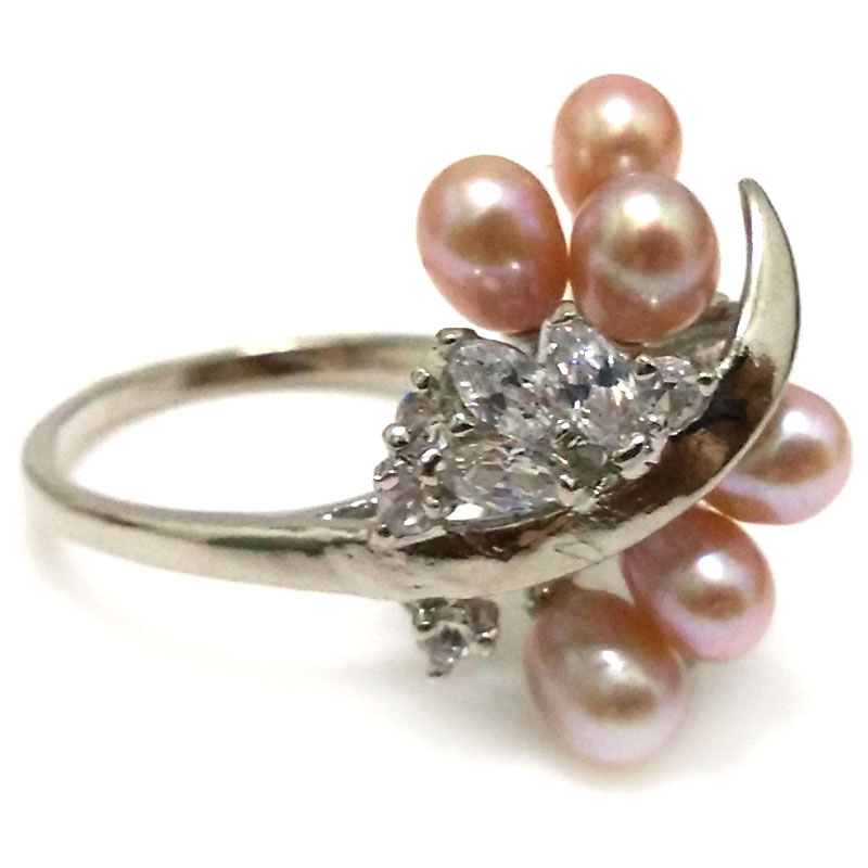 5-6mm Natural Pink Rice Pearl Cluster Women Ring with Zirconia