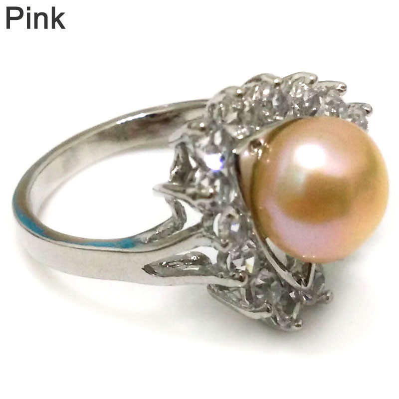 8# 9-10mm Natural Pink Button Pearl Women Ring with Zirconia
