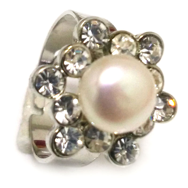 8# 9-10mm Natural White Button Pearl &Cubic Zirconia Flower Ring