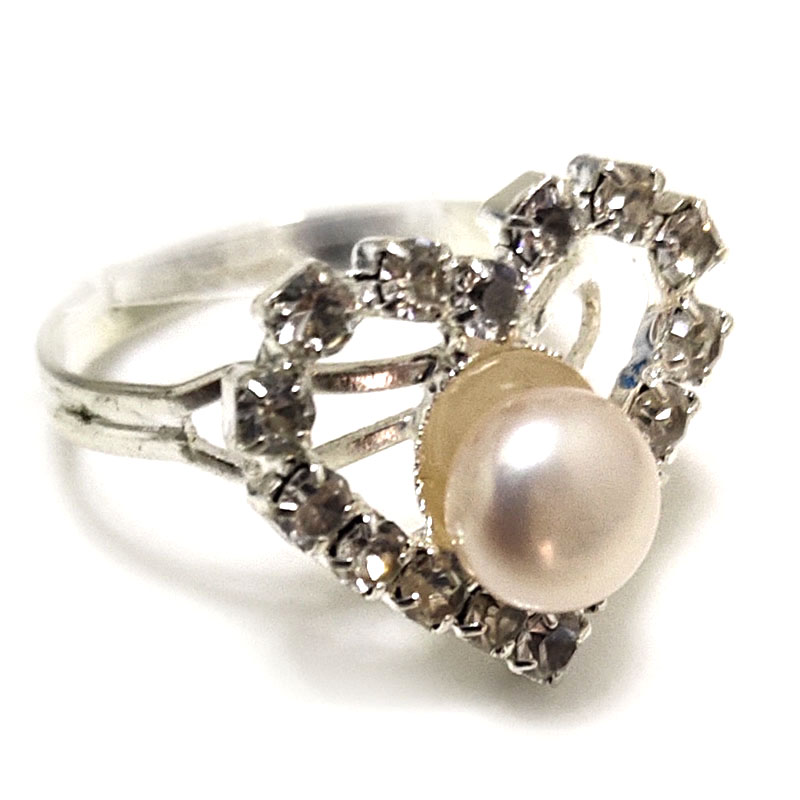 7# 7-8mm Natural White Button Pearl & Cubic Zirconia Heart Ring