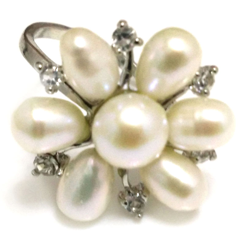 8# Natural White 8-9mm Button Pearl & 6-7mm Rice Pearl Flower Ring