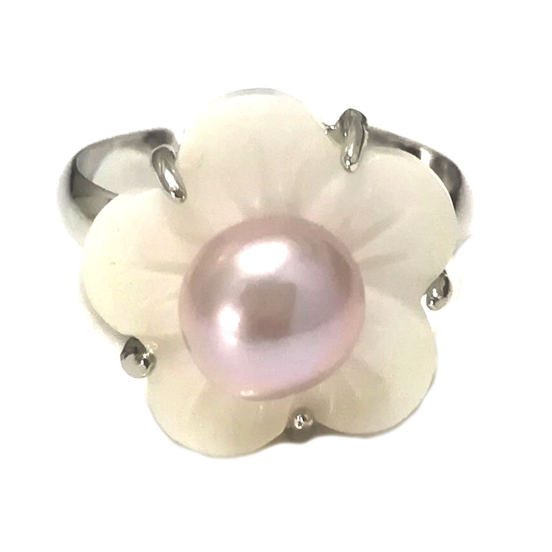 7# 7-8mm Lavender Natural Women Button Pearl Adjustable Shell Flower Ring