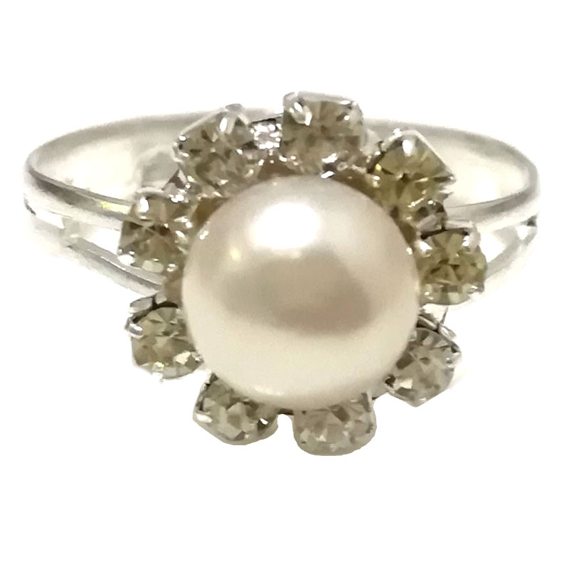 7# 7-8mm White Natural Women Button Pearl Adjustable Zircone Ring
