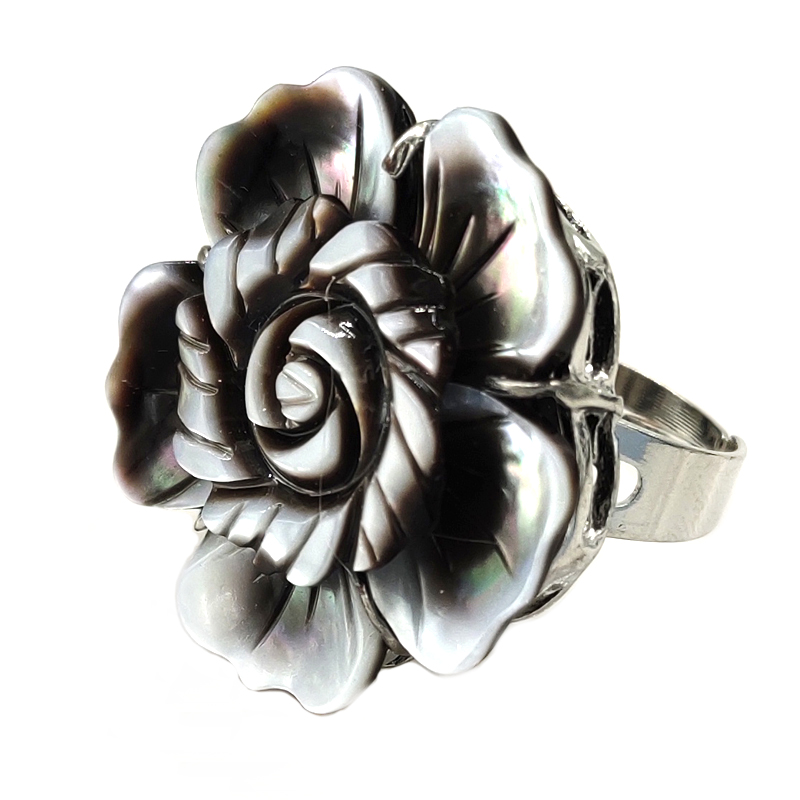 #8 35mm Natural Gray Hand Carved Adjustable Flower Shell Ring