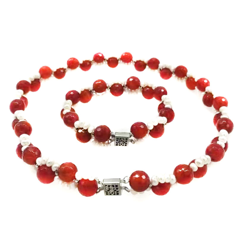 17 inches White Pearl & Facet Red Carnelian Necklace Jewelry Set