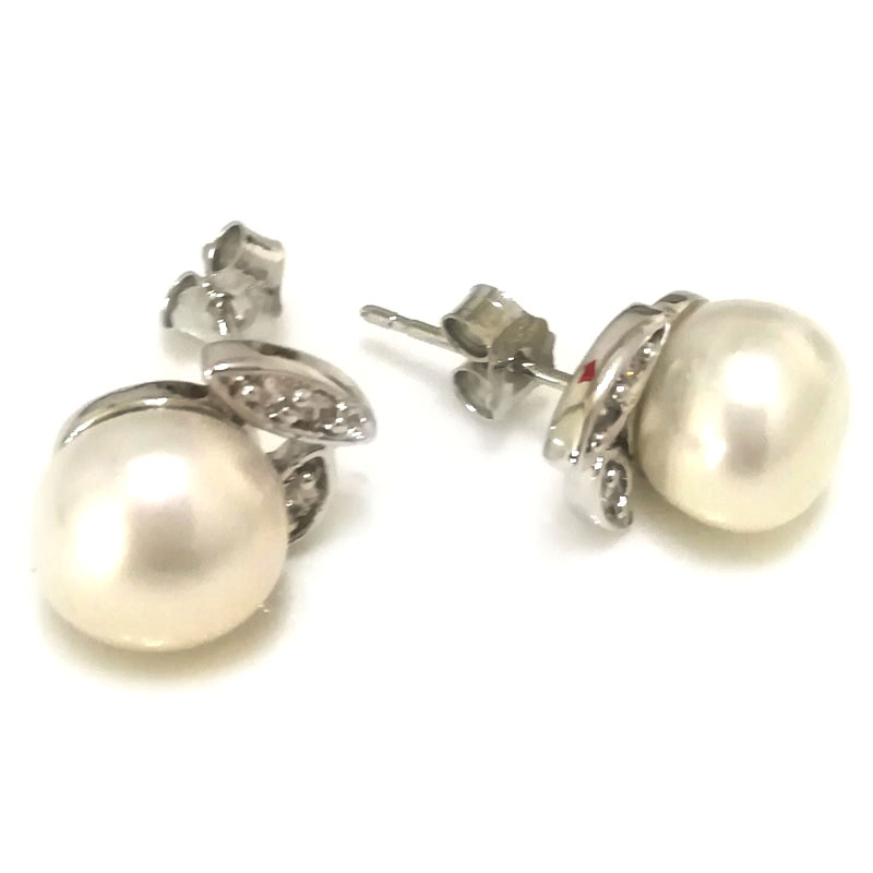 9-10mm White Button Pearl 925 Sterling Silver Stud Earring