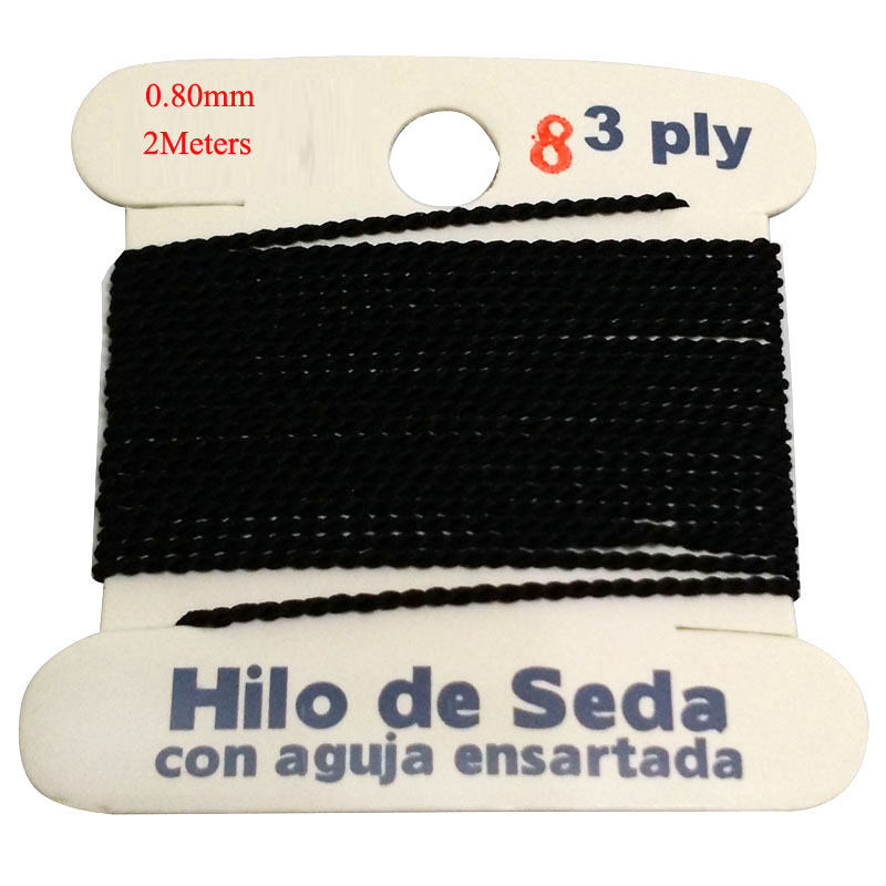 2 M Long Dia 0.8mm Black 100% Natural Silk Beading Cord with Needle Attached